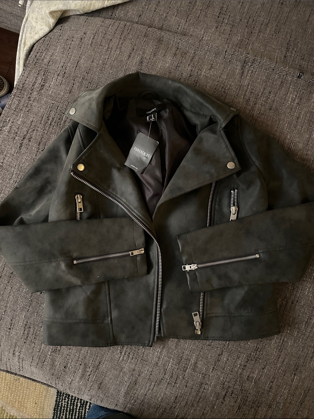 Charcoal Suede-Style Moto Bomber Jacket